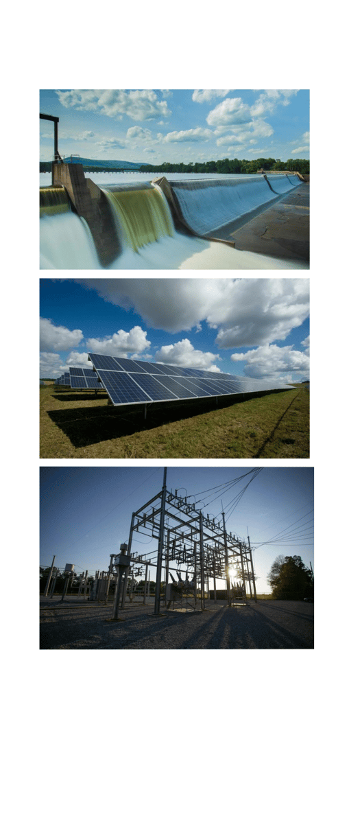 Wasserkraftwerk, Solaranlage und Umspannwerk
